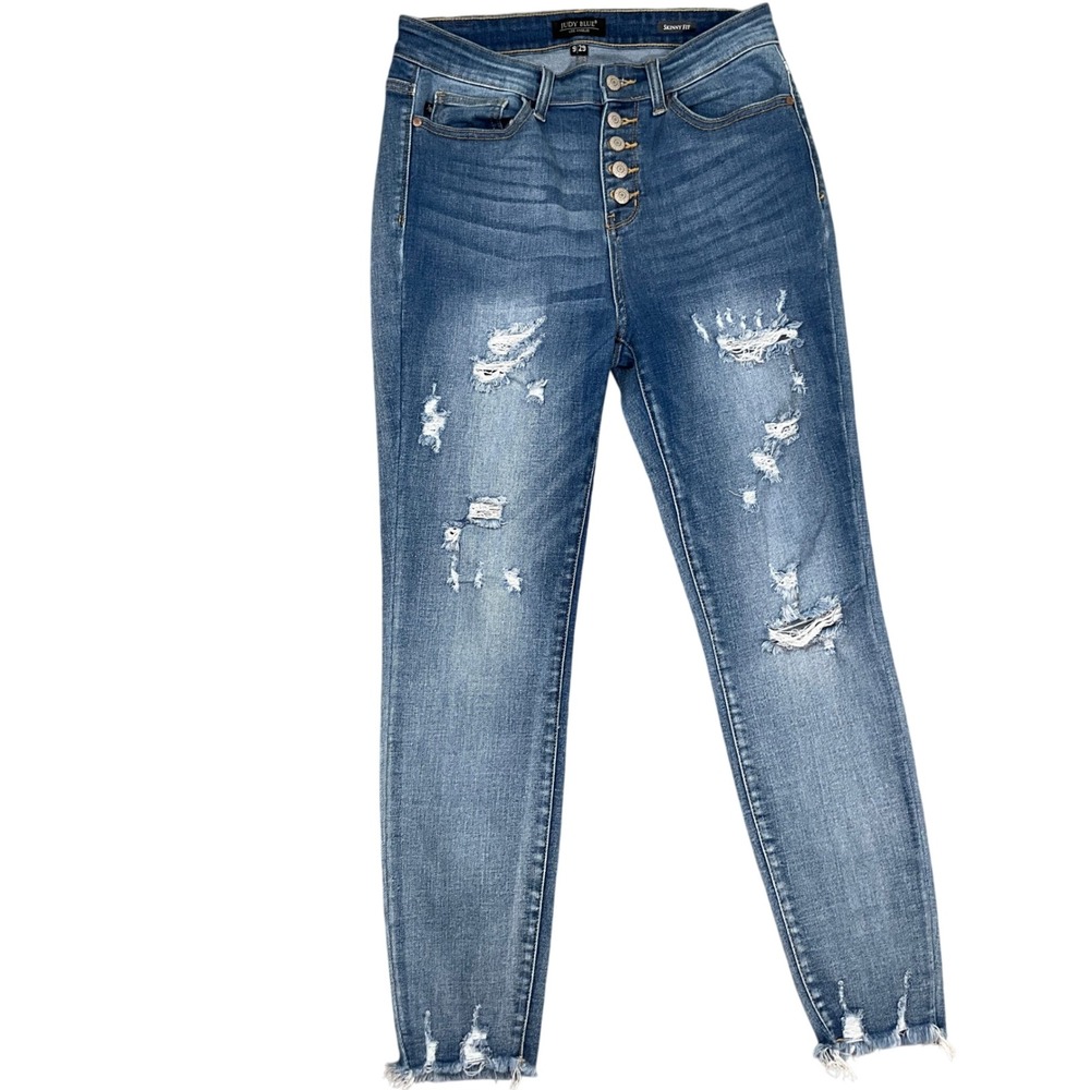 Judy Blue Skinny Jeans Women 9/29 Blue‎ Distressed Button Fly Frayed Hem